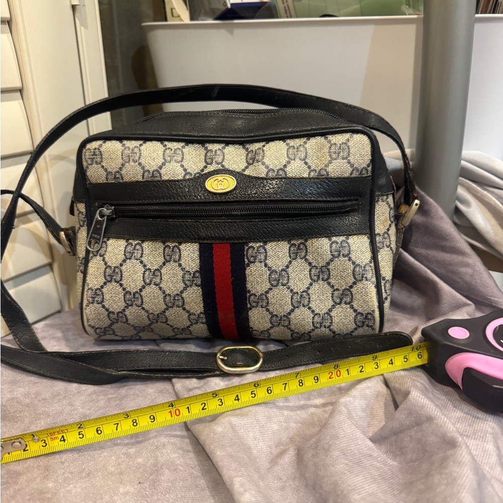 Gucci Beige GG Canvas Crossbody with Navy & Red Stripe VINTAGE